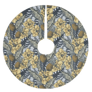 Luxury Elegant Gold N' Black Tropical Flowers Brushed Polyester Tree Skirt