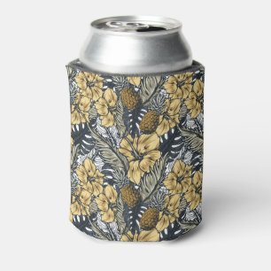 Luxury Elegant Gold N' Black Tropical Flowers Can Cooler