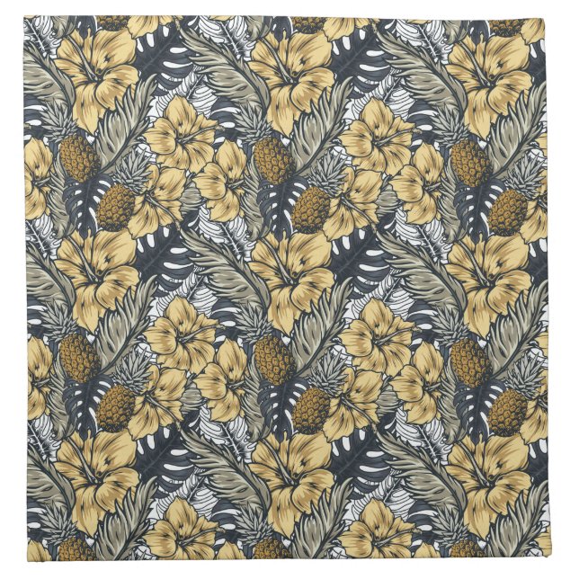 Luxury Elegant Gold N' Black Tropical Flowers Cloth Napkin (Front)