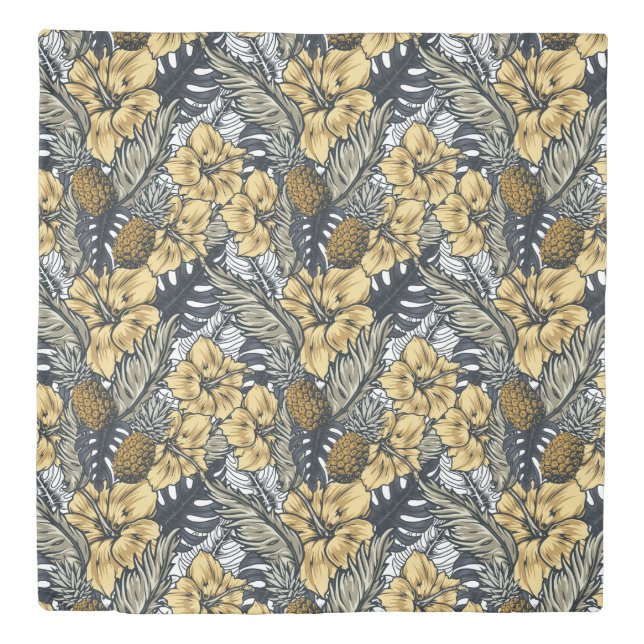 Luxury Elegant Gold N' Black Tropical Flowers Duvet Cover (Front)