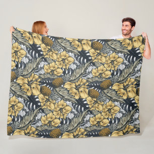 Luxury Elegant Gold N' Black Tropical Flowers Fleece Blanket