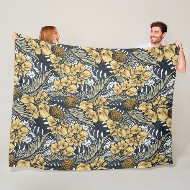 Luxury Elegant Gold N' Black Tropical Flowers  Fleece Blanket (In Situ)