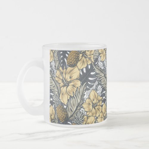 Luxury Elegant Gold N Black Tropical Flowers Frosted Glass Coffee Mug