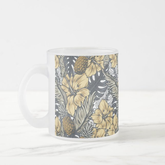 Luxury Elegant Gold N' Black Tropical Flowers Frosted Glass Coffee Mug (Left)