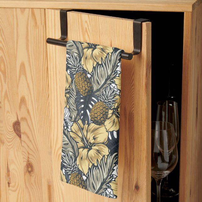 Luxury Elegant Gold N' Black Tropical Flowers Kitchen Towel (Thirds Fold)