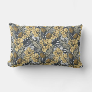 Luxury Elegant Gold N' Black Tropical Flowers Lumbar Pillow