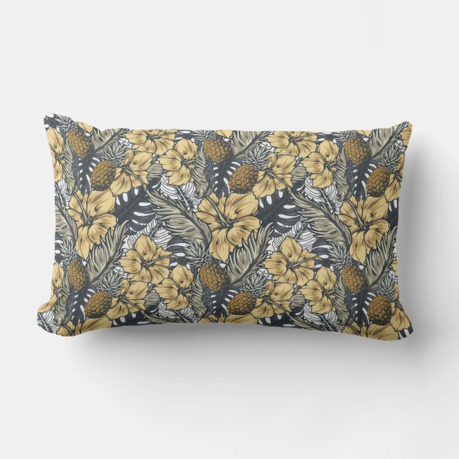 Luxury Elegant Gold N' Black Tropical Flowers Lumbar Pillow (Front)