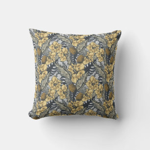 Luxury Elegant Gold N' Black Tropical Flowers Outdoor Pillow