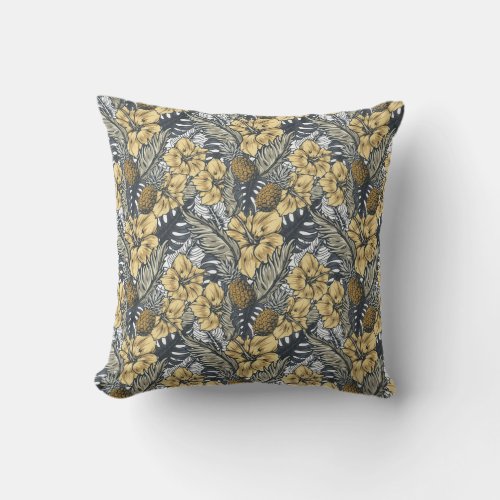 Luxury Elegant Gold N Black Tropical Flowers Outdoor Pillow