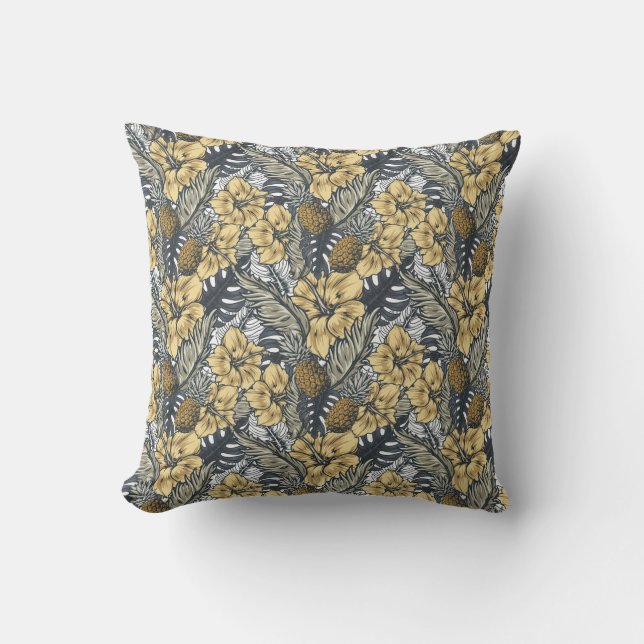 Luxury Elegant Gold N' Black Tropical Flowers Outdoor Pillow (Front)
