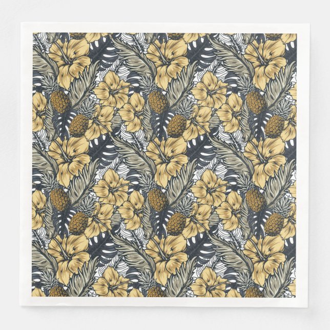 Luxury Elegant Gold N' Black Tropical Flowers Paper Dinner Napkins (Front)