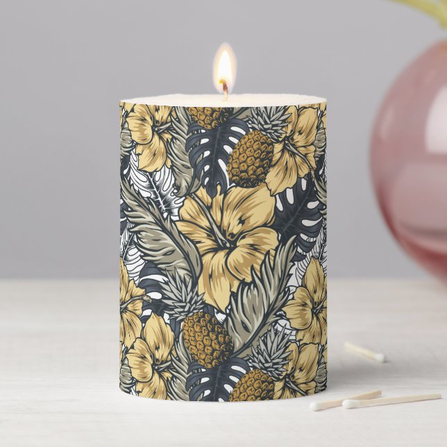Luxury Elegant Gold N' Black Tropical Flowers Pillar Candle (In Situ)