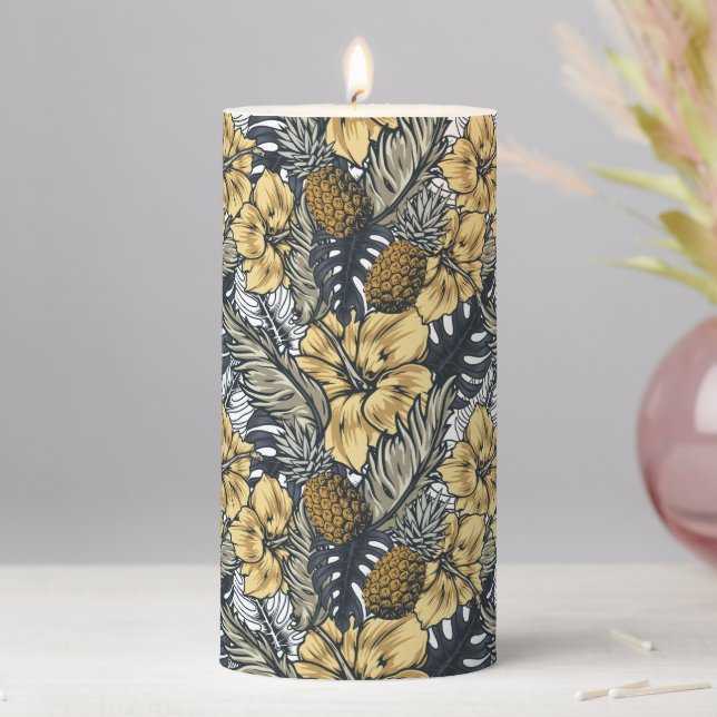Luxury Elegant Gold N' Black Tropical Flowers Pillar Candle (In Situ)