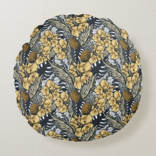 Luxury Elegant Gold N' Black Tropical Flowers Round Pillow (Front)