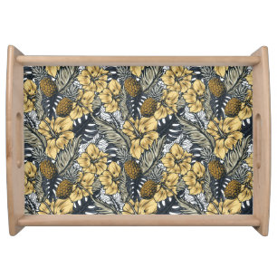 Luxury Elegant Gold N' Black Tropical Flowers Serving Tray