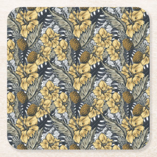 Luxury Elegant Gold N' Black Tropical Flowers Square Paper Coaster
