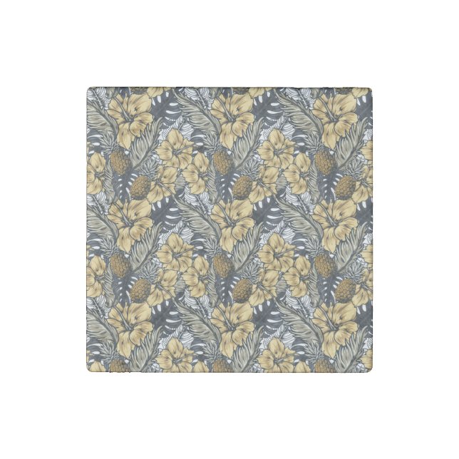 Luxury Elegant Gold N' Black Tropical Flowers Stone Magnet (Front)
