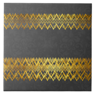 Luxury, elegant, gold zig zag lines, grey damasc ceramic tile