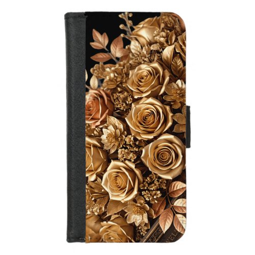 Luxury Elegant Golden Bronze Roses Floral Phone Wa iPhone 8/7 Wallet Case