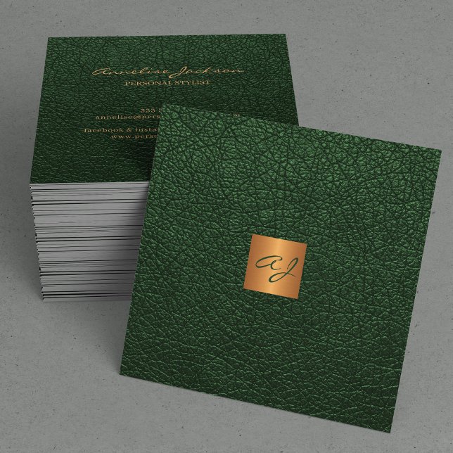 Luxury elegant green leather copper gold monogram square business card (Creator Uploaded)