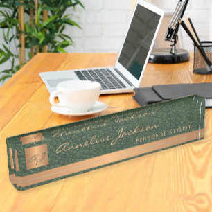 Luxury elegant green leather gold monogrammed desk name plate
