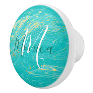 Luxury elegant Marble gold blue modern monogram Ceramic Knob