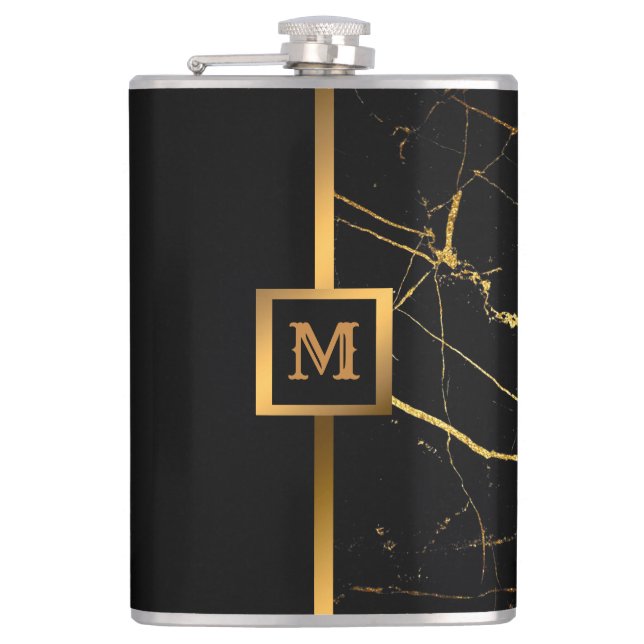 Luxury Elegant Modern Black Gold Marble Flask (Front)