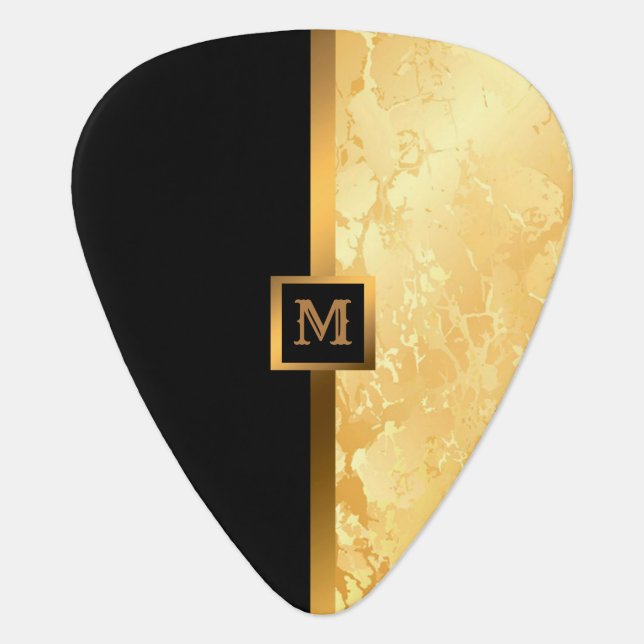 Luxury Elegant Modern Black Gold Marble Guitar Pick (Front)