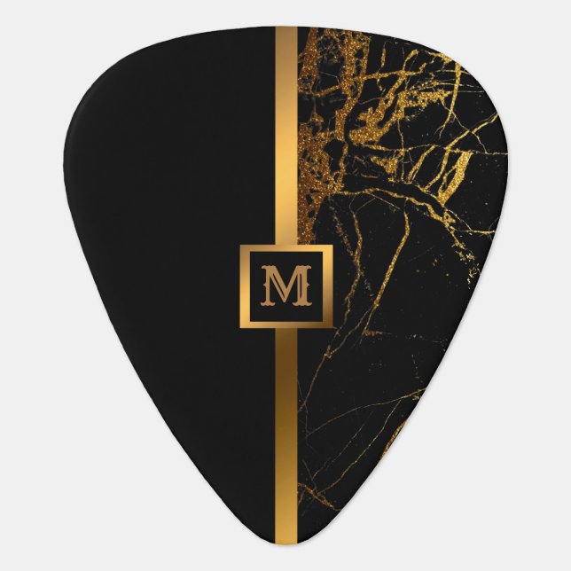 Luxury Elegant Modern Black Gold Marble Guitar Pick (Front)