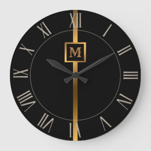 Luxury Elegant Modern Black Gold Marble Large Clock