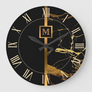 Luxury Elegant Modern Black Gold Marble Large Clock