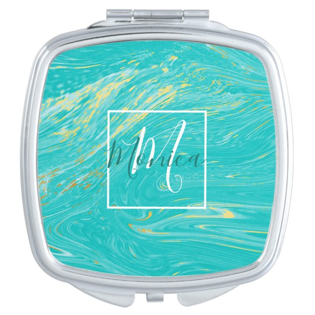 Luxury elegant modern Marble Gold Blue Compact Mirror (Front)