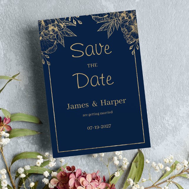 Luxury elegant navy blue gold floral Save the Date Invitation (Luxury elegant navy blue gold floral Save the Date )