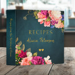 Luxury elegant navy blush  flowers gold recipes 3 ring binder<br><div class="desc">Romantic vintage Victorian style roses bouquets corners,  two golden hearts and elegant typography script on a dark midnight navy blue chalkboard background making a beautiful personalized recipe binder keepsake.                   It can be a beautiful present for your own kitchen or a gift for a chef!</div>