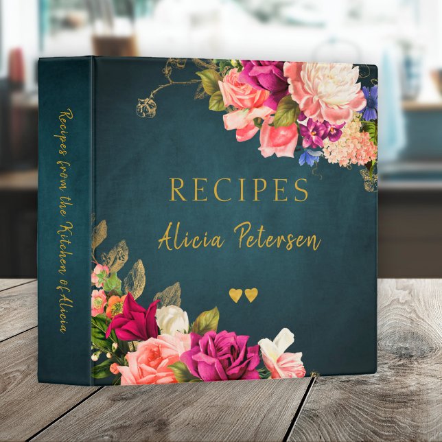 Luxury elegant navy blush  flowers gold recipes 3 ring binder (Creator Uploaded)