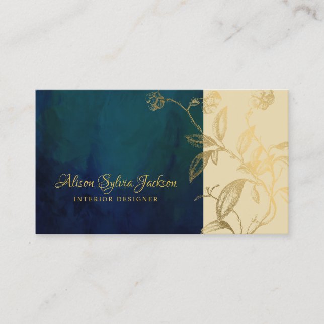 Luxury elegant navy gold custom interior designer business card (Front)