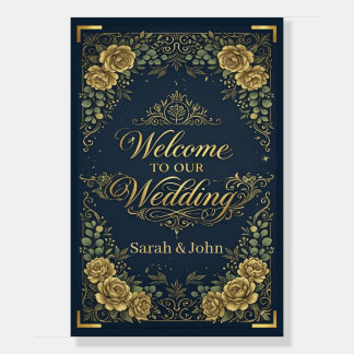 Luxury Elegant Navy Gold Floral Wedding Welcome Foam Board