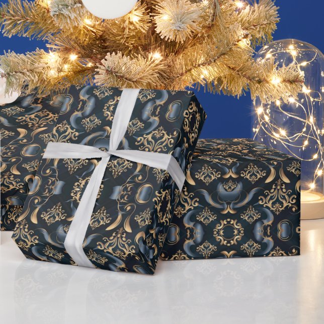 luxury elegant night blue pattern with gold  wrapping paper (Holidays)