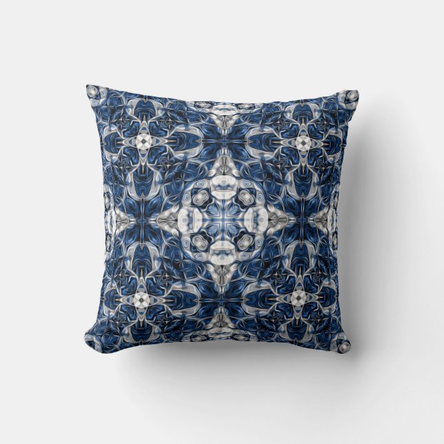 Luxury, elegant, ornamental navy blue and white throw pillow (Front)