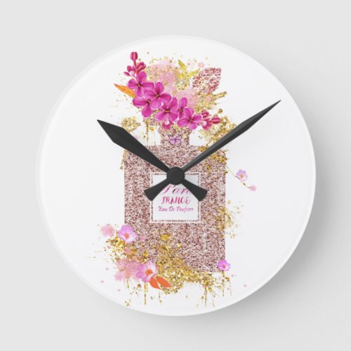 Luxury Elegant Pink Glitter Perfume 1 Round Clock