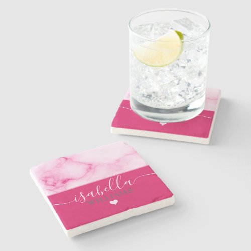 Luxury Elegant Pink  White Geode Monogram Marble Stone Coaster