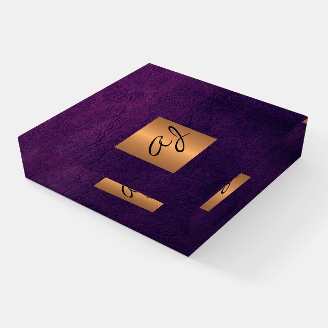 Luxury elegant purple and gold monogrammed office paperweight (Angled)