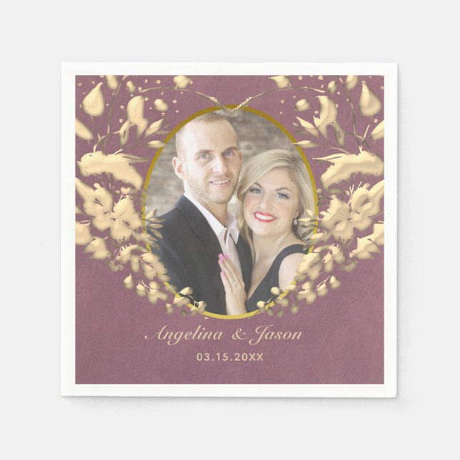 Luxury Elegant Purple and Gold Wedding Photo Napkins (Front)