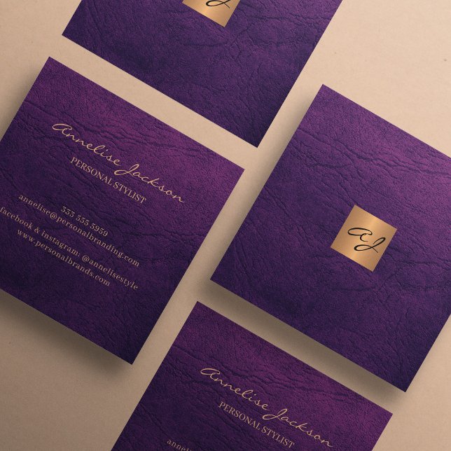 Luxury elegant purple leather copper gold monogram square business card (Creator Uploaded)