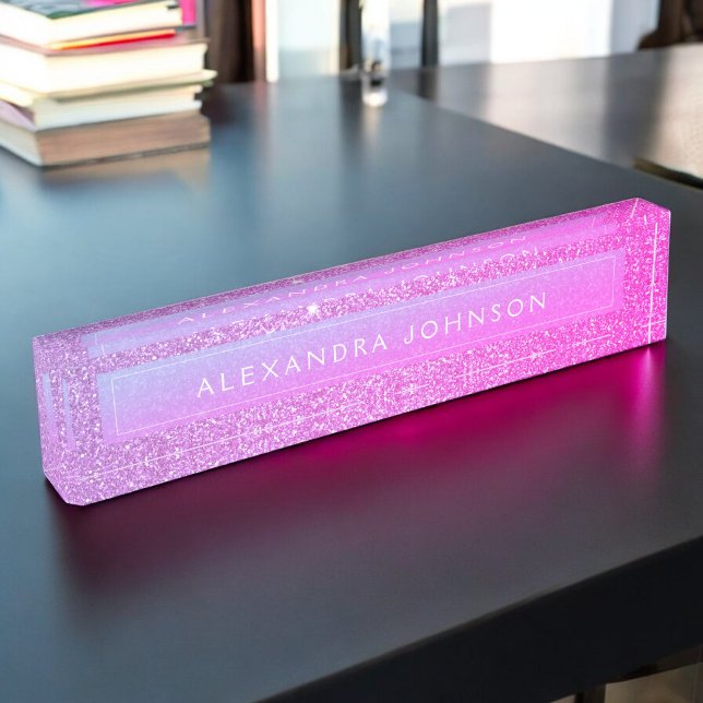 Luxury Elegant Purple Pink Glitter Sparkle Modern Desk Name Plate (Creator Uploaded)