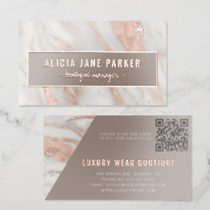 Luxury elegant QR code rose gold marble brown  Foil Business Cards