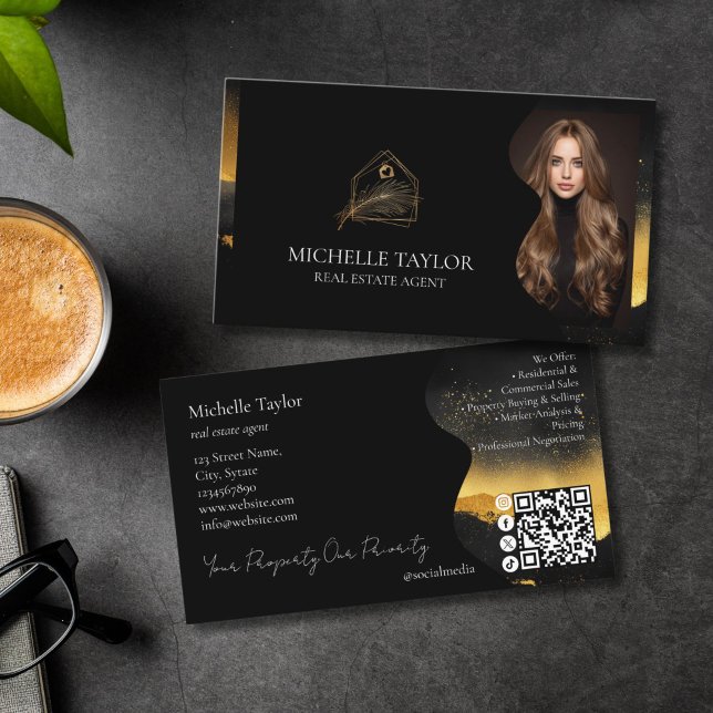Luxury Elegant Real Estate Realtor Photo Gold Business Card (elegant gold real estate logo with palm tree)