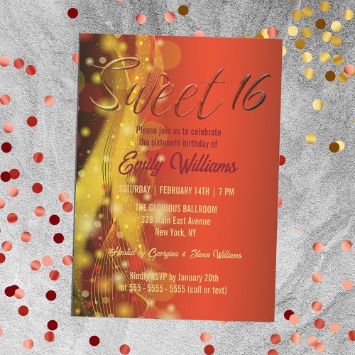 Luxury Elegant Red and Gold Lights Sweet 16 Party  Invitation