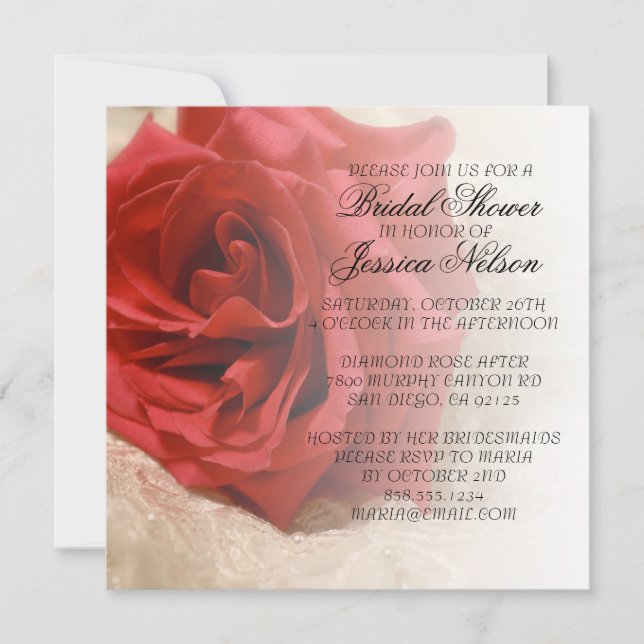 Luxury Elegant Red Rose Lace Bridal Shower Invite (Front)