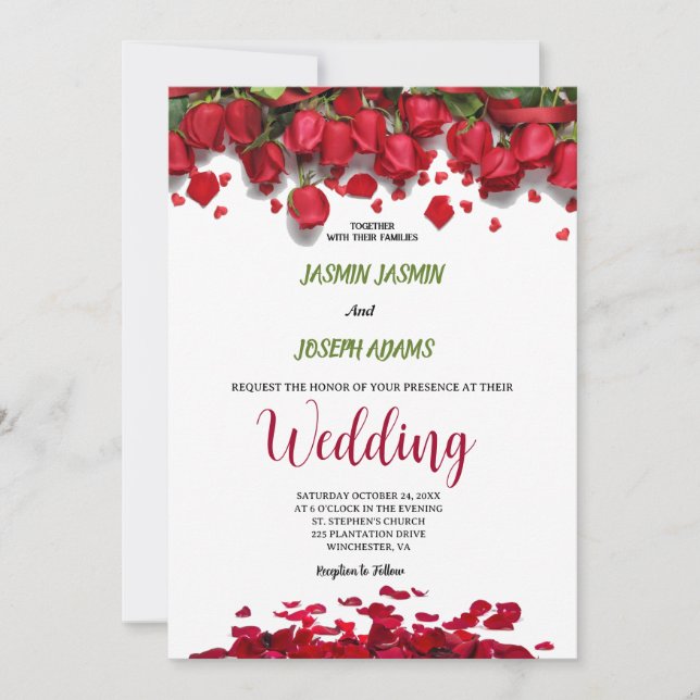 Luxury Elegant Red Roses Wedding  Invitation (Front)